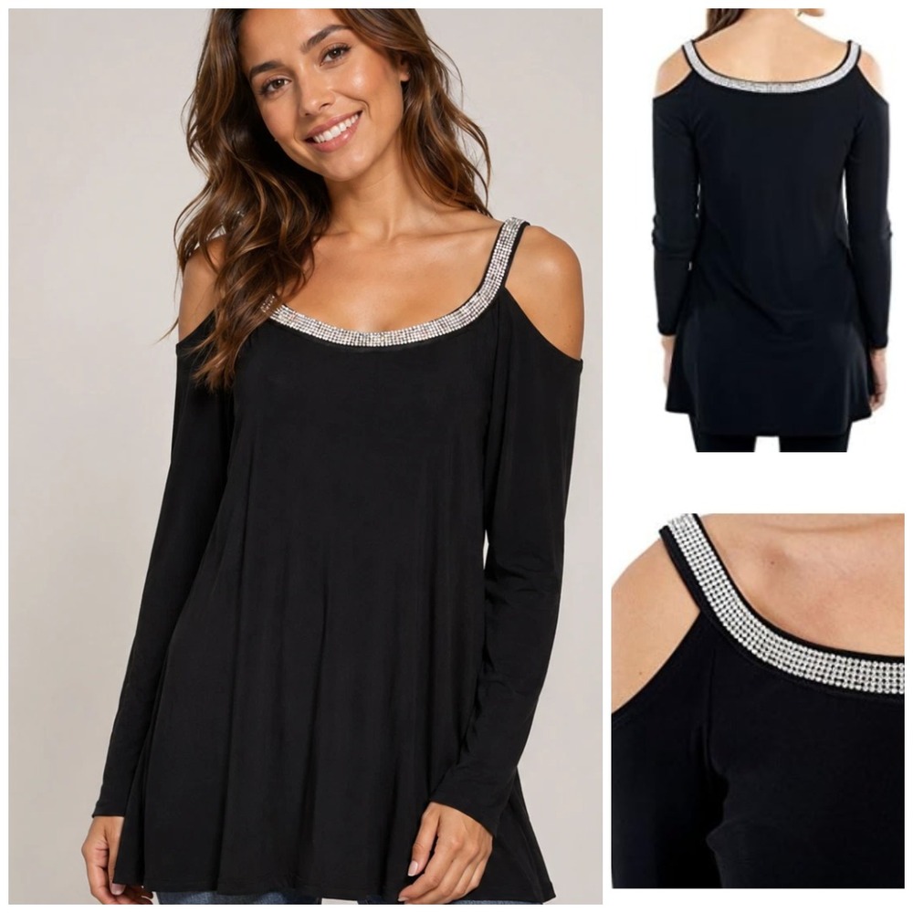 Joseph Ribkoff Jeweled Cold Shoulder Tunic Top Black 12 Scoop Neck Glam Mob wife